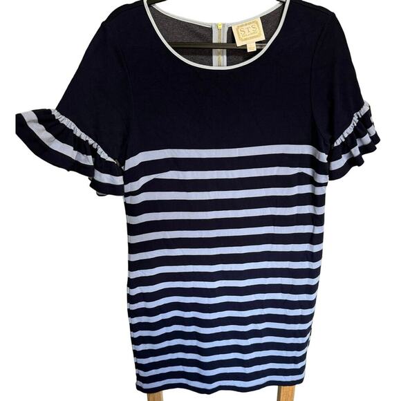 Sail To Sable NWOT Striped Tee Shirt Dress Ruffle Short Sleeve Blue Size Large - Picture 1 of 12
